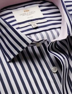 Classic Fit Navy & White Bold Stripe Non-Iron Shirt - Contrast Detail  - Chest Pocket