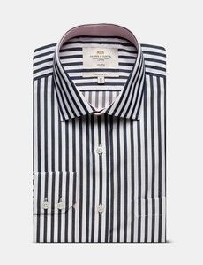Classic Fit Navy & White Bold Stripe Non-Iron Shirt - Contrast Detail  - Chest Pocket