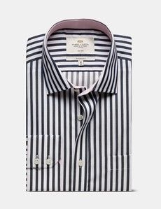 Classic Fit Navy & White Bold Stripe Non-Iron Shirt - Contrast Detail  - Chest Pocket