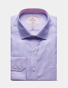 Classic Fit Blue & Pink Textured Stripe Non-Iron Shirt - Contrast Detail  - Chest Pocket