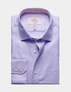 Classic Fit Blue & Pink Textured Stripe Non-Iron Shirt - Contrast Detail  - Chest Pocket