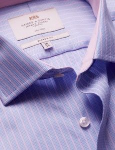 Classic Fit Blue & Pink Textured Stripe Non-Iron Shirt - Contrast Detail  - Chest Pocket
