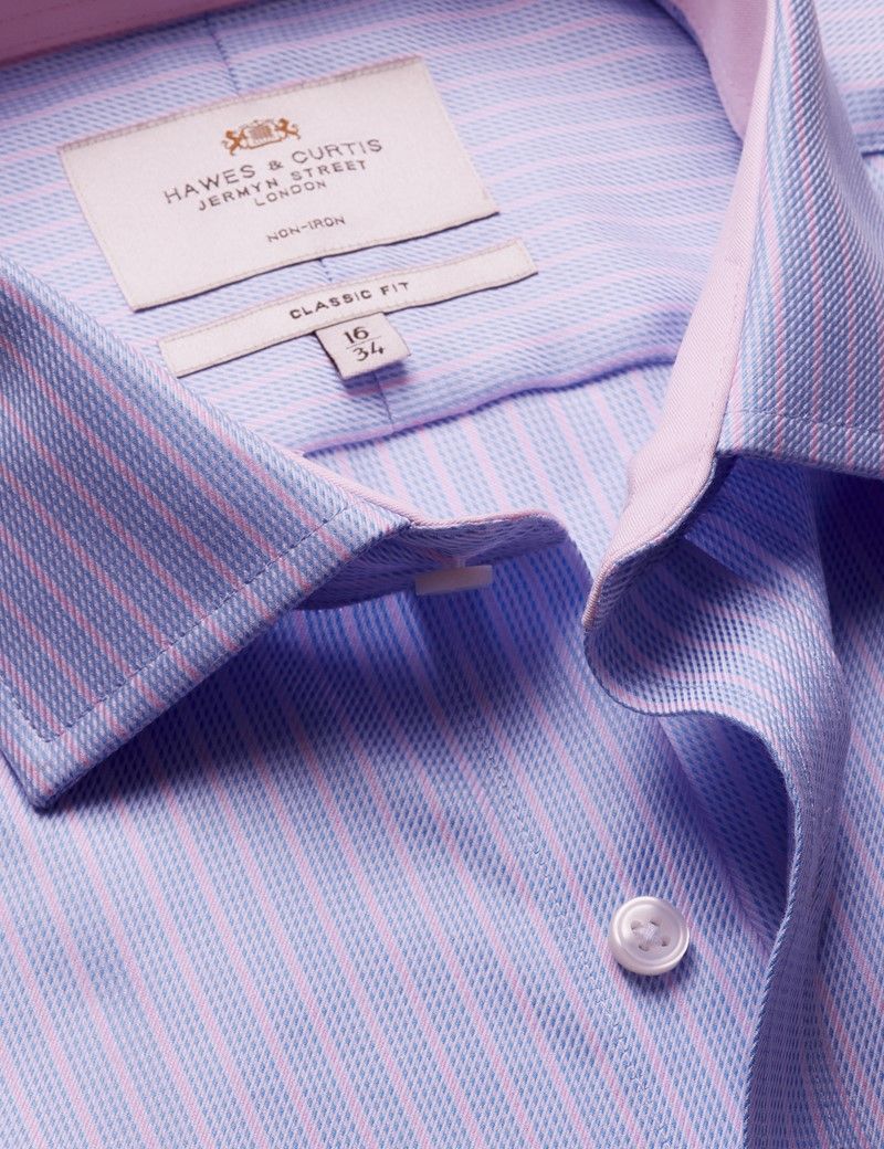 Classic Fit Blue & Pink Textured Stripe Non-Iron Shirt - Contrast Detail  - Chest Pocket