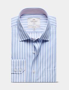 Classic Fit Blue & White Bold Stripe Non-Iron Shirt - Contrast Detail  - Chest Pocket
