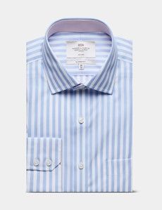 Classic Fit Blue & White Bold Stripe Non-Iron Shirt - Contrast Detail  - Chest Pocket