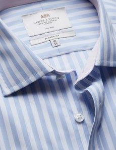 Classic Fit Blue & White Bold Stripe Non-Iron Shirt - Contrast Detail  - Chest Pocket
