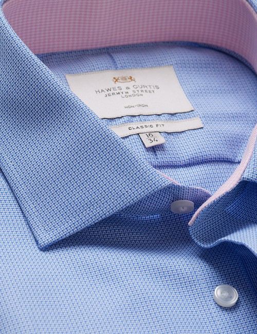 Non-Iron Blue & White Textured Weave Classic Shirt - Contrast Detail & Breast Pocket
