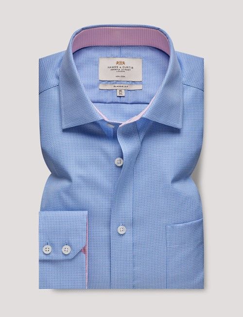 Non-Iron Blue & White Textured Weave Classic Shirt - Contrast Detail & Breast Pocket-preview