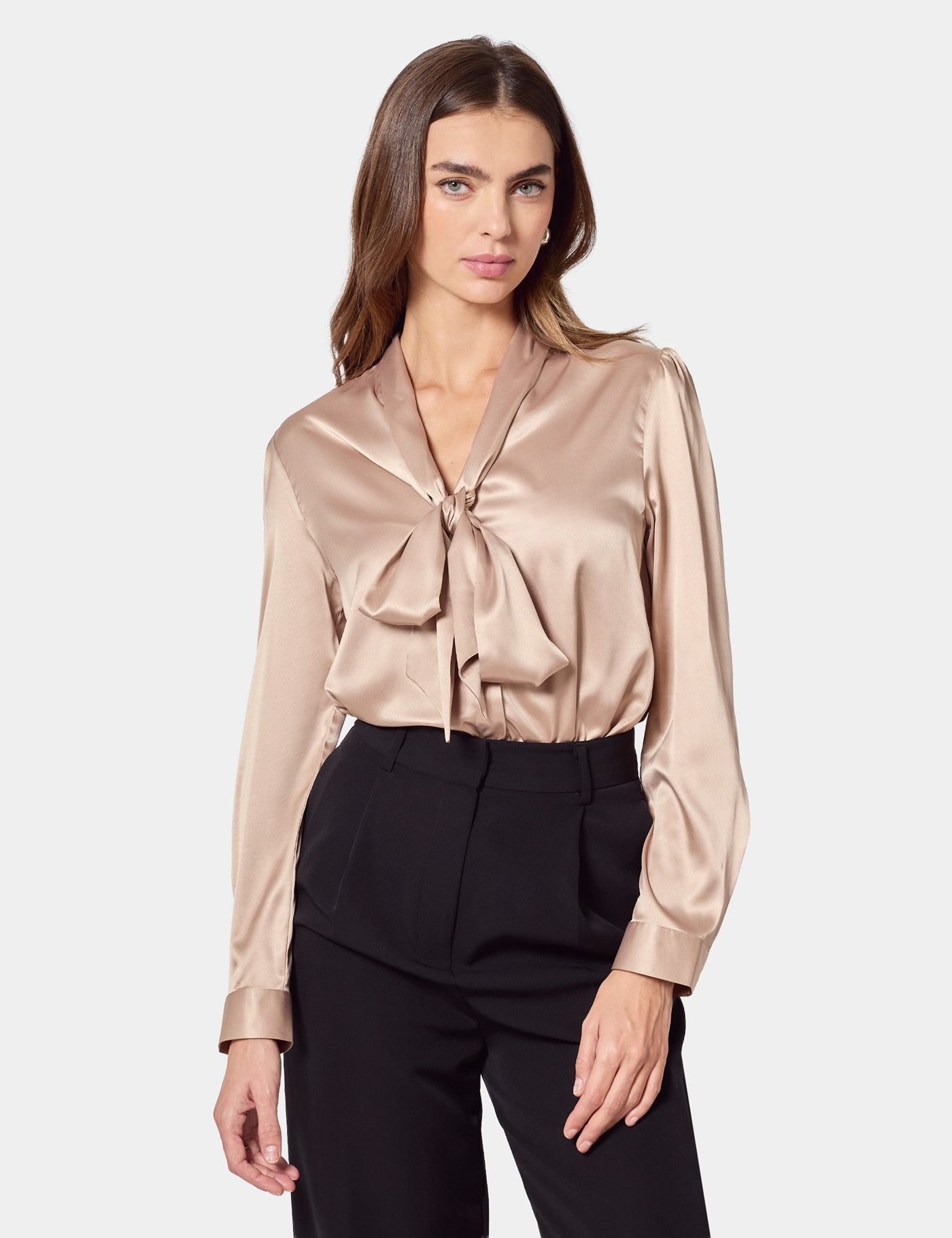 Women's Taupe Satin Relaxed Pussybow Blouse | Hawes & Curtis