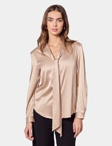 Relaxed Fit Taupe Pussybow Blouse