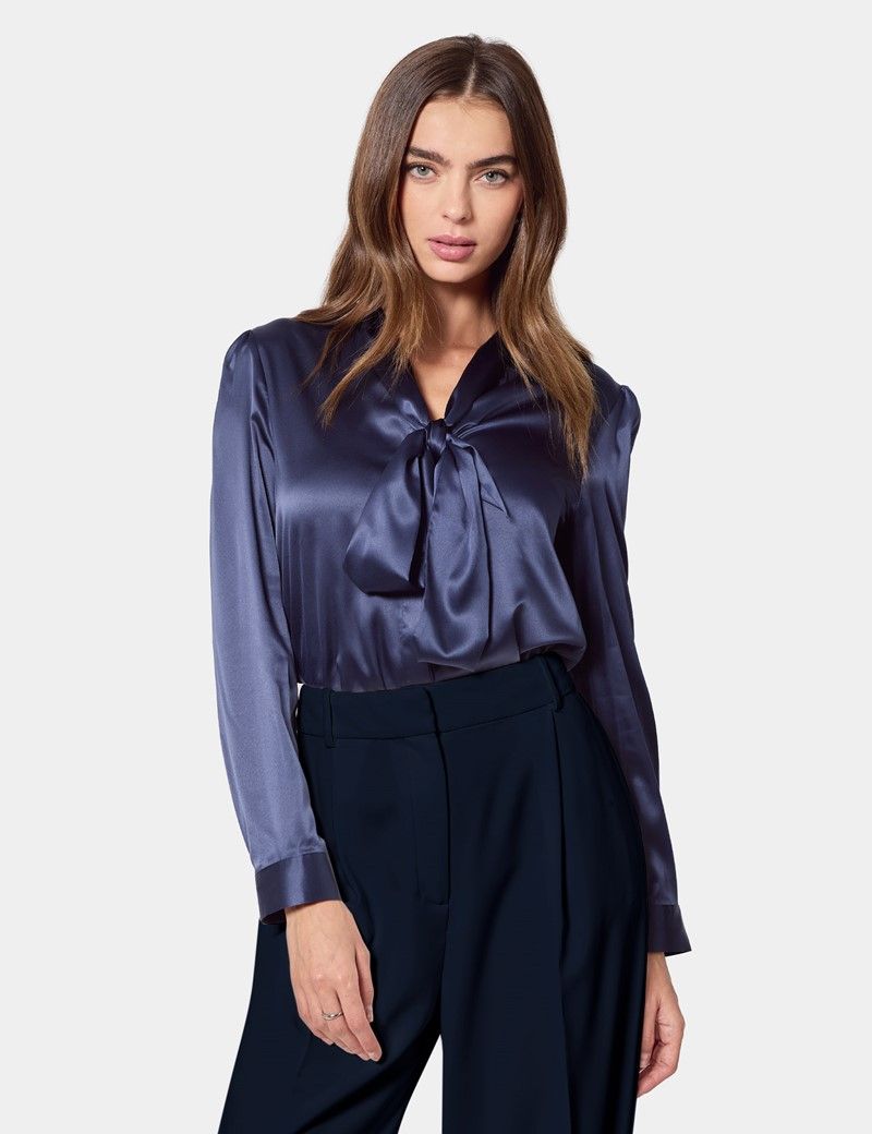 Relaxed Fit Navy Pussybow Blouse
