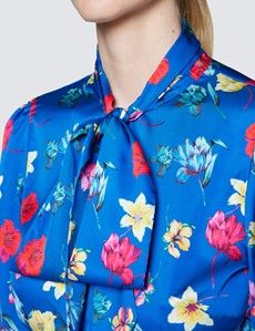 Women's Blue & Pink Floral Print Pussy Bow Blouse