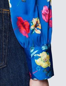 Women's Blue & Pink Floral Print Pussy Bow Blouse