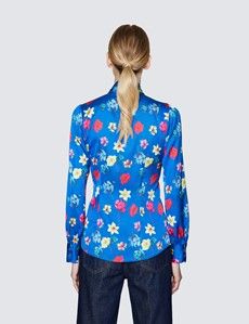 Women's Blue & Pink Floral Print Pussy Bow Blouse