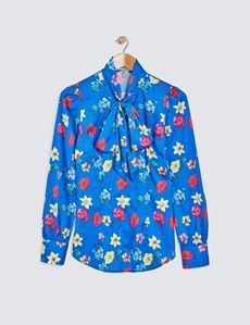 Women's Blue & Pink Floral Print Pussy Bow Blouse