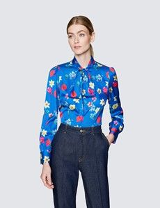 Women's Blue & Pink Floral Print Pussy Bow Blouse