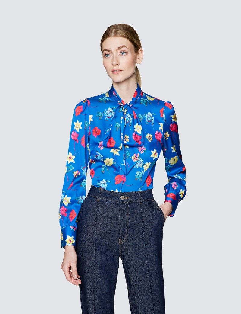 Women's Blue & Pink Floral Print Pussy Bow Blouse