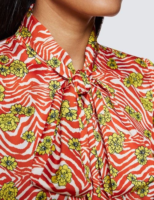 Women's Brown & Yellow Zebra Print Pussy Bow Blouse-preview