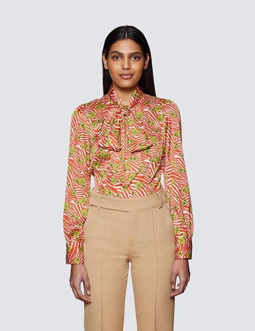 Women's Brown & Yellow Zebra Print Pussy Bow Blouse