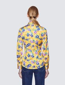 Women's Yellow & Purple Floral Print Pussy Bow Blouse