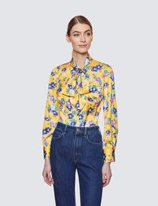 Women's Yellow & Purple Floral Print Pussy Bow Blouse
