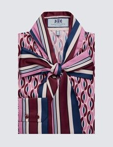 Women's White & Pink Geometric Print Pussy Bow Blouse