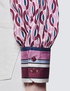 Women's White & Pink Geometric Print Pussy Bow Blouse