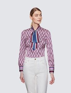 Women's White & Pink Geometric Print Pussy Bow Blouse