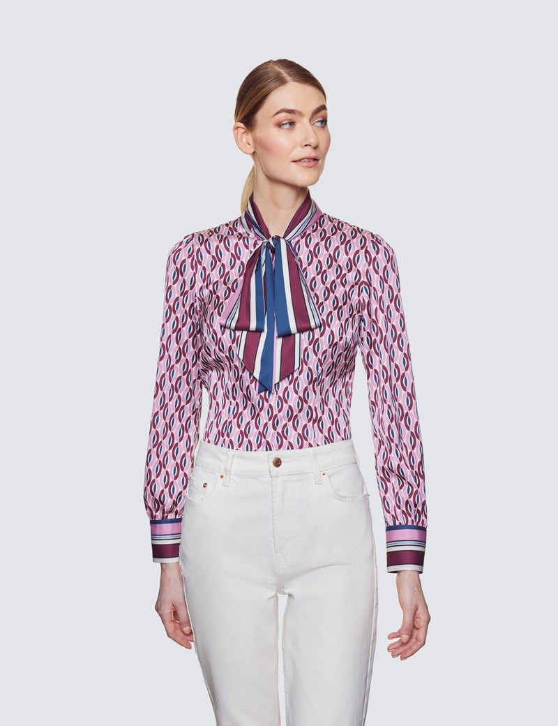 Women's White & Pink Geometric Print Pussy Bow Blouse