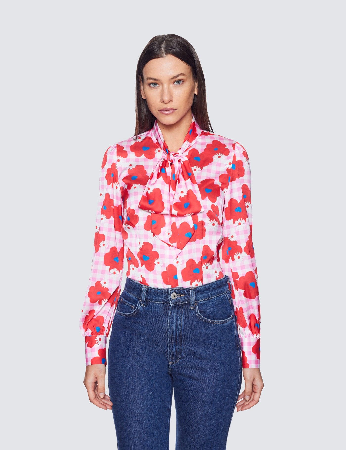 Women's Pink & Red Floral Gingham Pussybow Blouse | Hawes Women's Pink & Red Floral Gingham Pussybow Blouse | Hawes