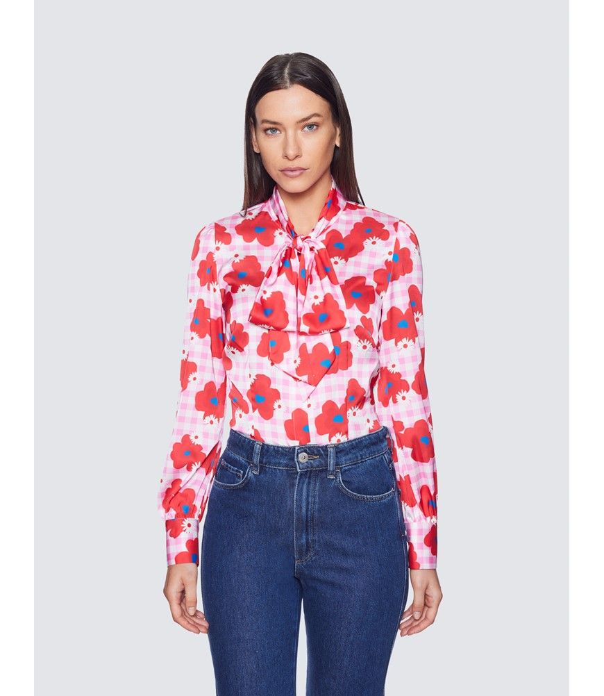 Women's Pink & Red Floral Gingham Pussybow Blouse | Hawes Women's Pink & Red Floral Gingham Pussybow Blouse | Hawes