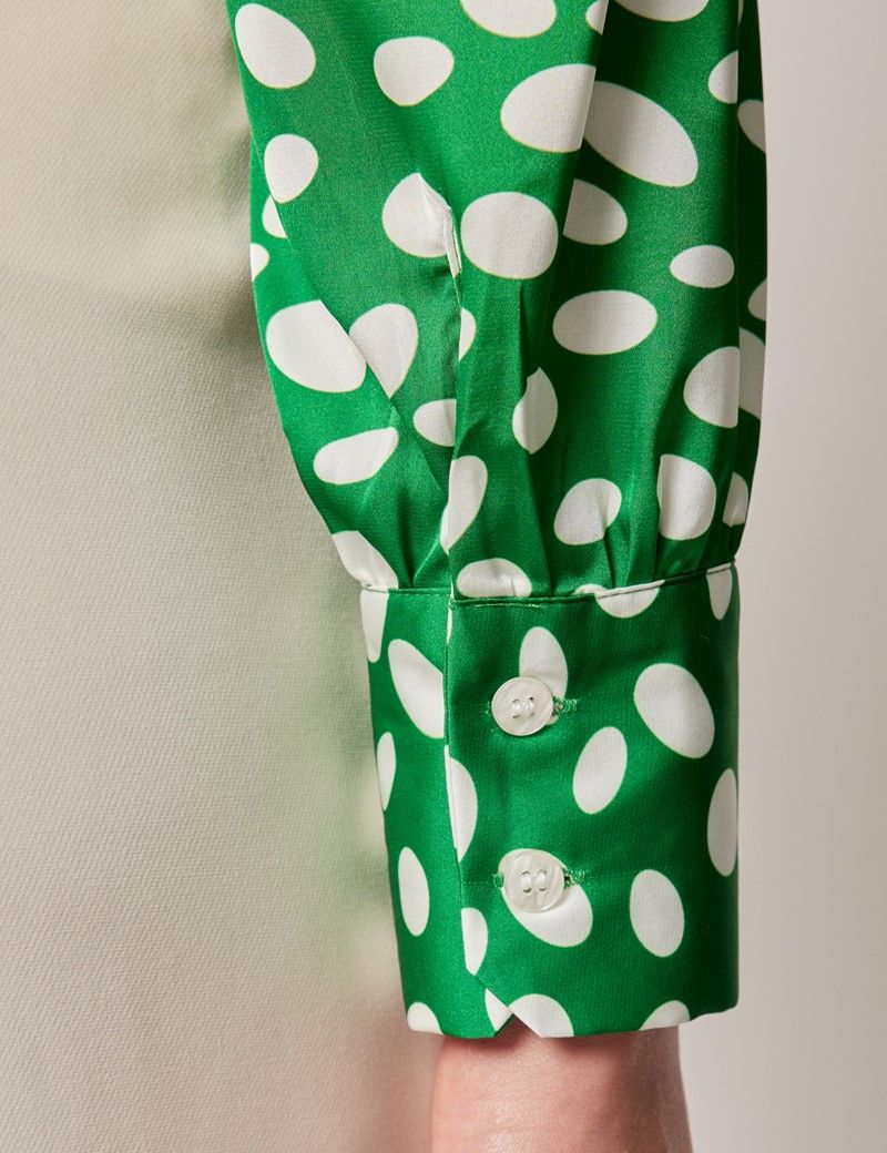 Women s Green White Polka Dot Print Pussy Bow Blouse