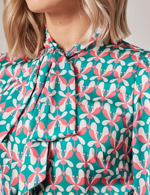 Green & Pink Geometric Pussy Bow Blouse-preview