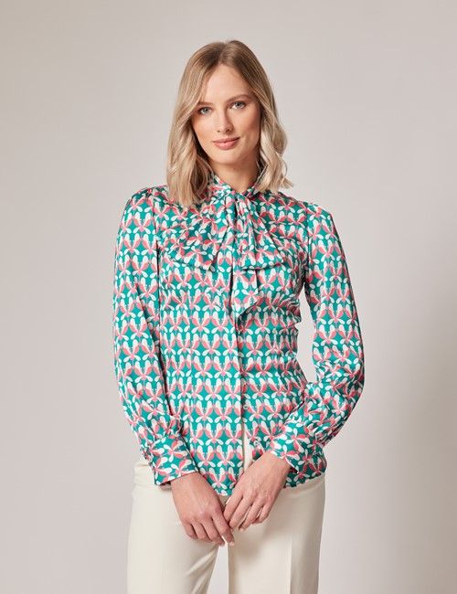 Green & Pink Geometric Pussy Bow Blouse