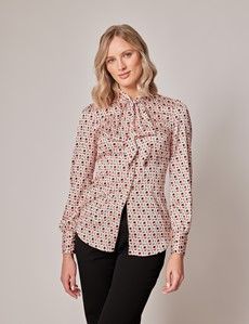 Cream & Lilac Geometric Pussy Bow Blouse