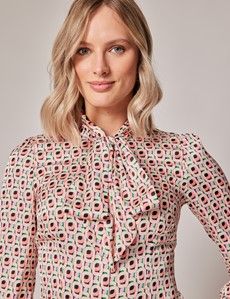 Cream & Lilac Geometric Pussy Bow Blouse
