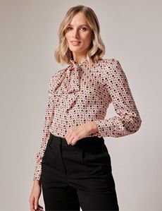 Cream & Lilac Geometric Pussy Bow Blouse