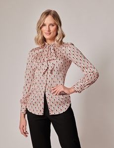 Cream & Lilac Geometric Pussy Bow Blouse