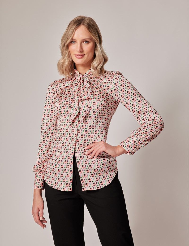 Cream & Lilac Geometric Pussy Bow Blouse