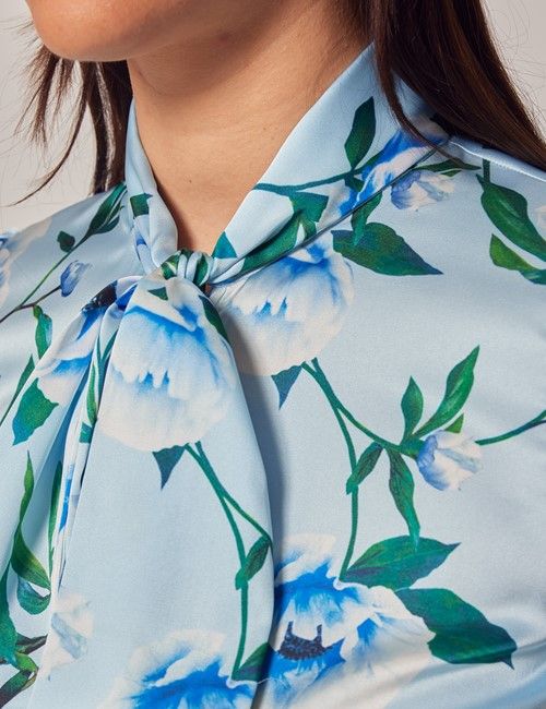 Blue & White Floral Satin Pussybow Blouse-preview