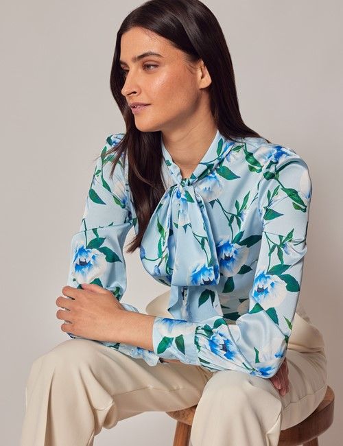 Blue & White Floral Satin Pussybow Blouse