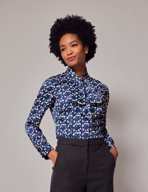 Navy & Cream Geometric Pussybow Blouse