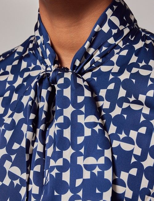 Navy & Cream Geometric Pussybow Blouse-preview