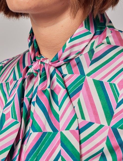 Green & Pink Diamond Satin Pussybow Blouse-preview