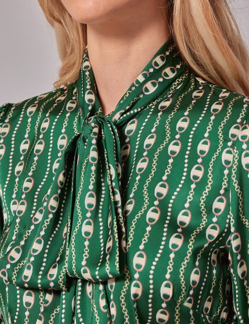 Green & Gold Chain Pussybow Blouse-preview