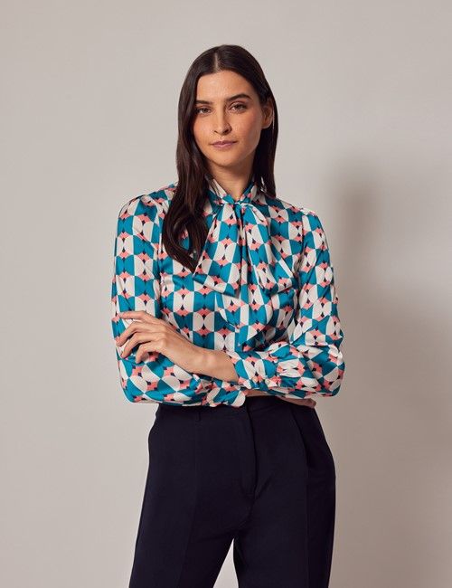 Orange & Cream Geometric Satin Pussybow Blouse