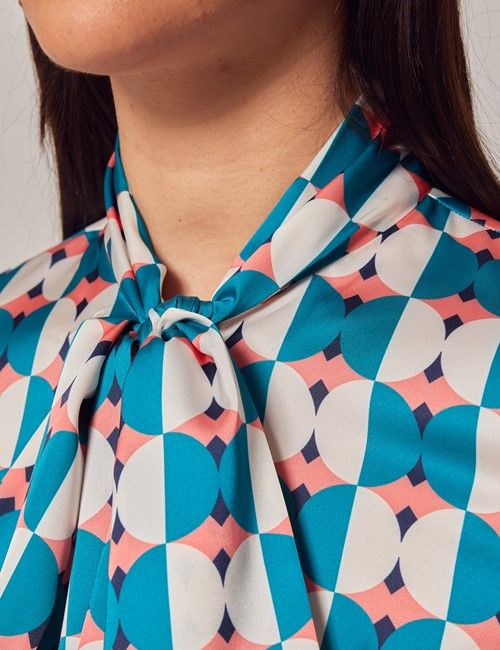 Orange & Cream Geometric Satin Pussybow Blouse-preview