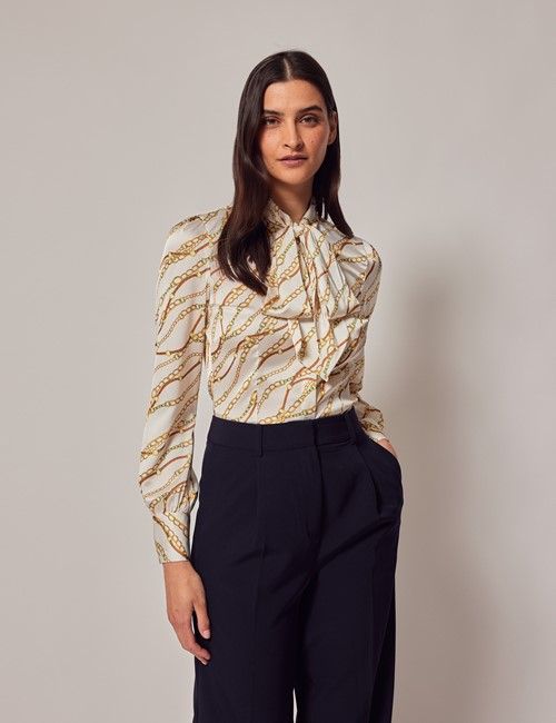 White & Gold Chains Satin Pussybow Blouse