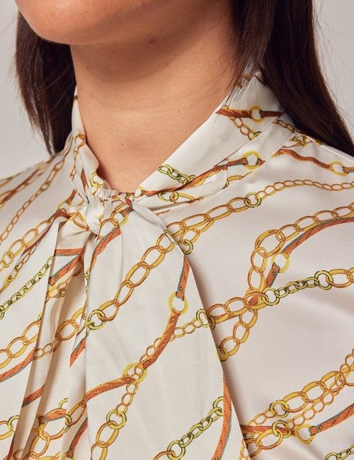 White & Gold Chains Satin Pussybow Blouse-preview