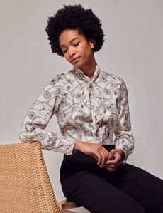 Cream & Black Chain Butterfly Pussybow Blouse